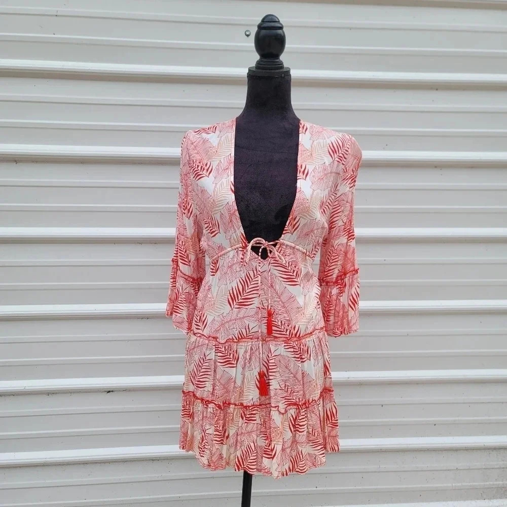 Spiaggia Dolce Red Tropical Print Tiered V-neck Beach Cover Up Dress Size M